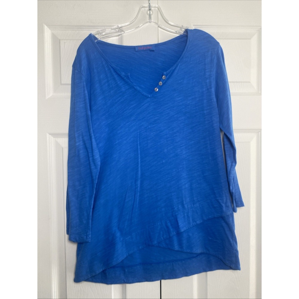 Fresh Produce Henley Tunic Womens Size XS Blue Slub Cotton 3/4 Sleeve Tulip‎ Hem
